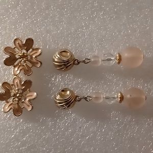 2 pair vintage Enamel floral stud & etched & crystal drop both in gold tone.